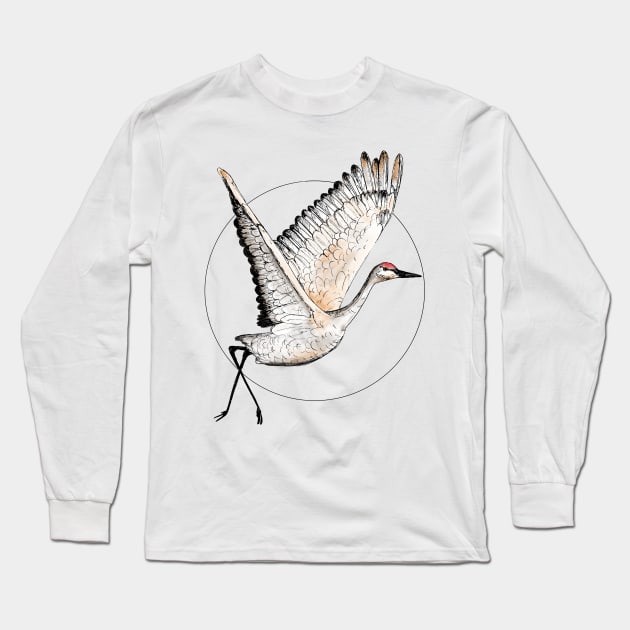 Flying Sandhill Crane Illustration / Crane Bird Drawing / Flying Crane Art Print Long Sleeve T-Shirt by LauraKatMax